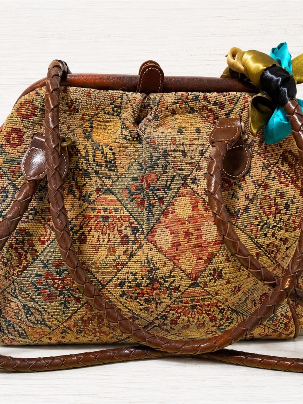 Classic Tapestry Tote Handbag in Brown and Multicolor